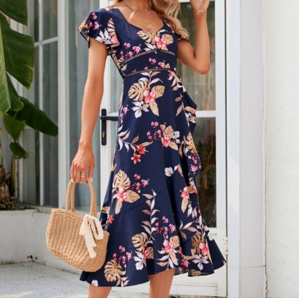 JJs House Navy Floral Midi Dress 12 NWT Ruffle Wrap Tropical Wedding Guest - Picture 7 of 12